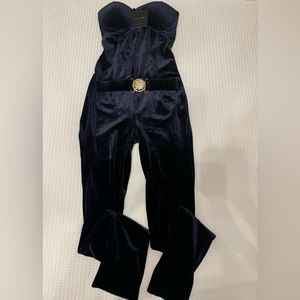JLUXLABEL , blue suede jumpsuit size small with belt.